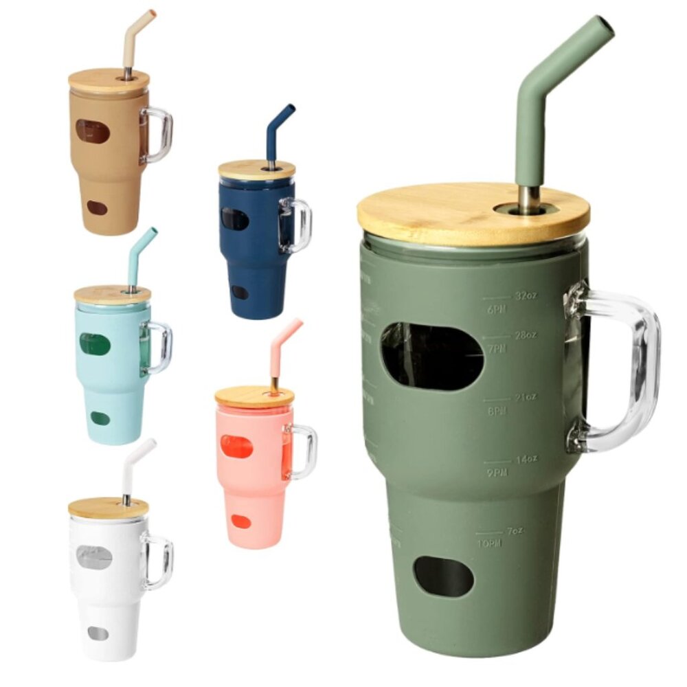 32 oz - Glass Tumbler w/ Bamboo Lid, Ideal For Smoothie/ Milkshake/ Boba Juice